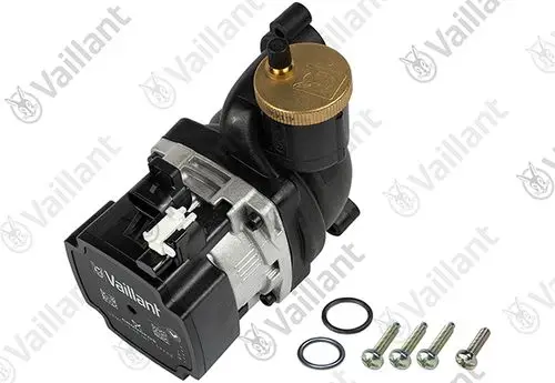 Vaillant Pumpe in Schwarz und Silber mit goldener Schraube, inklusive vier Schrauben und Dichtungen, für den Einsatz in Heizsystemen.